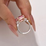 S925 10.0Ct Pink Stone Radiant Cut Side Stone Engagement Ring Travel Ring In Sterling Silver - Image 3
