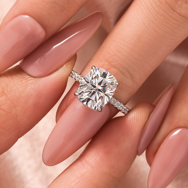 ER1589PMSS-1 S925 Moissanite Hidden Halo 4.0Ct Cushion Cut White Gold Engagement Ring - Image 1