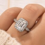 S925 2.5Ct Luxury Halo Emerald Cut Simulated Diamond Engagement Ring