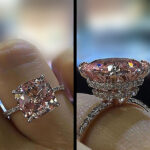 S925 Rose Gold Peachy Pink Stone Cushion Cut Engagement Ring With Double Halo