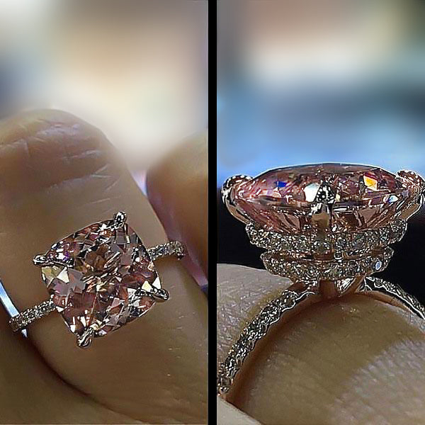 ER163S-21 S925 Rose Gold Peachy Pink Stone Cushion Cut Engagement Ring With Double Halo - Image 1