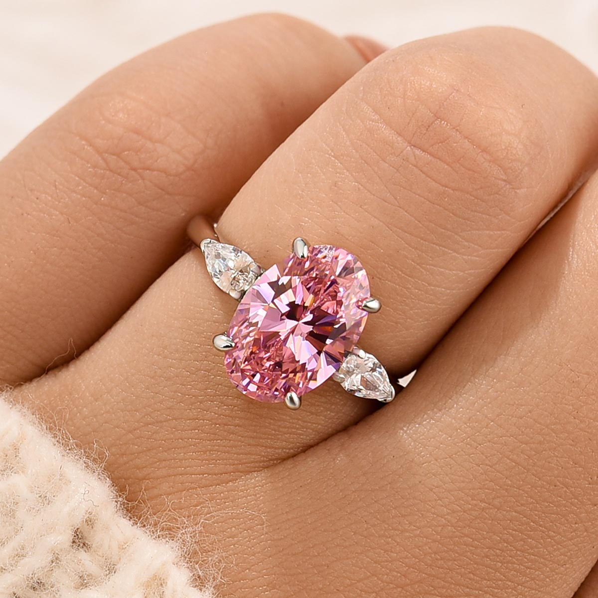 ER1702PS-3 S925 4.0 Carat Oval Cut Pink Stone Engagement Ring In Sterling Silver - Image 1