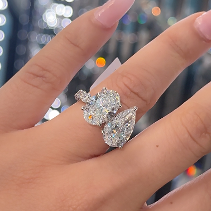 ER1745PS S925 Unique Double Stones Design Oval Cut & Pear Cut Engagement Ring - Image 1