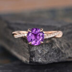 S925 Rose Gold Twist Round Cut Amethyst Purple Promise Ring For Her