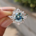 S925 Cyan Blue Moissanite Snowflake Design 2.0 Carat Halo Round Cut Engagement Ring - Image 4