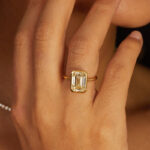 S925 Unique Yellow Gold Emerald Cut Bezel Engagement Ring In Sterling Silver - Image 2