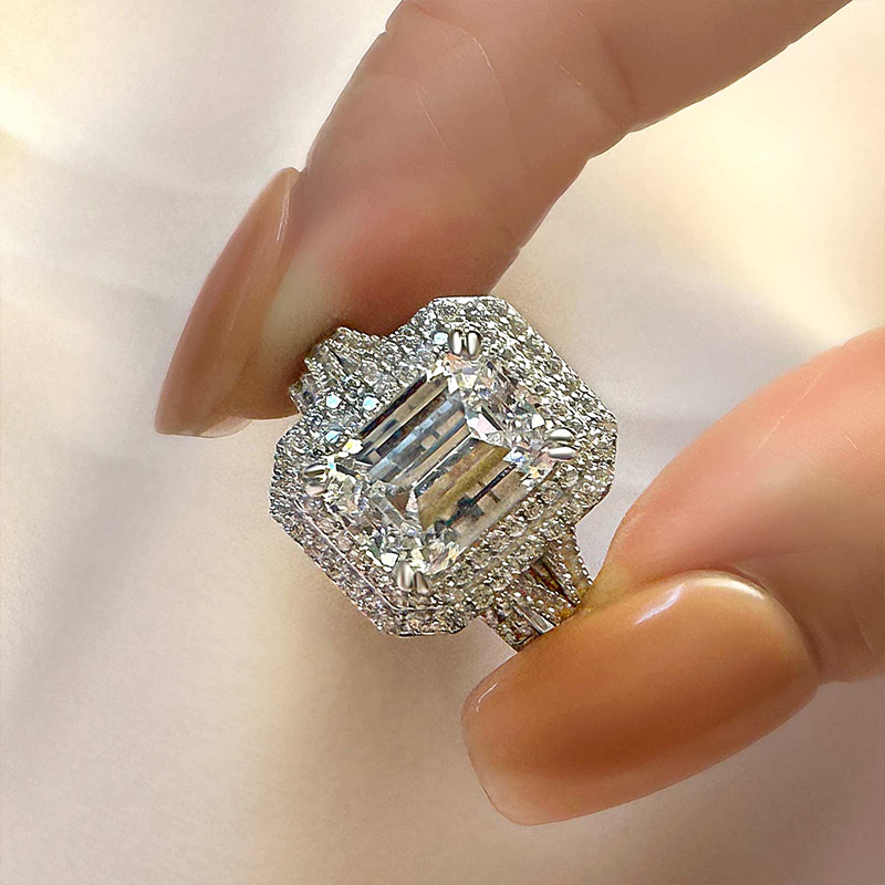IMG-0295 S925 Maxine Split Shank 2PC 3.5Carat Emerald Cut Wedding Ring Set in Sterling Silver - Image 1