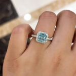 S925 Exclusive Halo Asscher Cut Light Aquamarine Blue Engagement Ring In Sterling Silver - Image 2