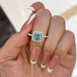 S925 Exclusive Halo Asscher Cut Light Aquamarine Blue Engagement Ring In Sterling Silver - Image 3