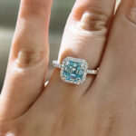 S925 Exclusive Halo Asscher Cut Light Aquamarine Blue Engagement Ring In Sterling Silver