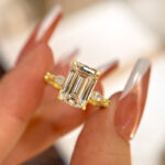 S925 Classic Yellow Gold Emerald Cut Three Stone Engagement Ring For Women In Sterling Silver