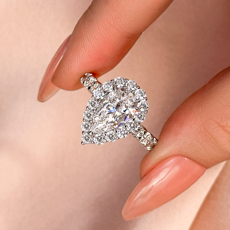 IMG-55571 S925 Maxine Classic Halo Pear Cut Engagement Ring In Sterling Silver - Image 1
