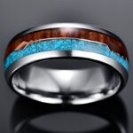 Tungsten Steel Men's Wedding Band with Wood and Turquoise Inlay - Image 2