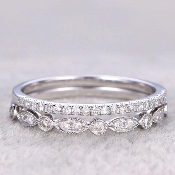 WB058S S925 Half Eternity Stackable Sona Simulated Diamonds Wedding Band Set - Image 1