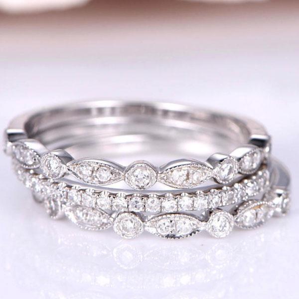 WB059S S925 Art Deco Half Eternity 3PC Stacking Wedding Band Set In Sterling Silver - Image 1