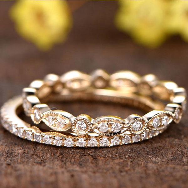 WB076S-1 S925 Yellow Gold Art Deco Full Eternity Stackable Wedding Band Set In Sterling Silver - Image 1