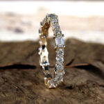 S925 Unique Yellow Gold Emerald & Round Cut Diamond Wedding Band In Sterling Silver