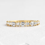 S925 Fashion Yellow Gold Half Emerald & Round Cut Diamond Wedding Band In Sterling Silver