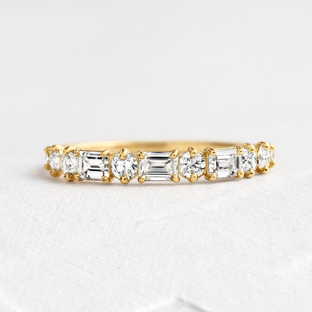 WB418YS-2 S925 Fashion Yellow Gold Half Emerald & Round Cut Diamond Wedding Band In Sterling Silver - Image 1