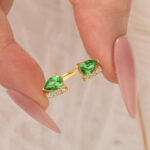 S925 1.2Ct Green Stone Pear Cut Yellow Gold Open Wedding Band In Sterling Silver