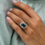 S925 Yellow Gold Halo Emerald Cut Engagement Ring In Sterling Silver