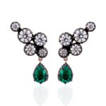 **Yellow Gold Round Cut Lab Green Gemstone cluster Drop Earrings