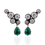 Yellow Gold Round Cut Lab Green Gemstone cluster Drop Earrings