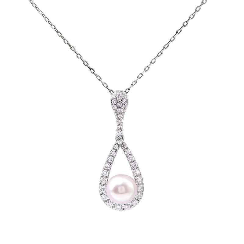 1-10 *Ethereal Dewdrop: 16-Inch Pearl & Moissanite Pear Pendant Necklace - Image 1