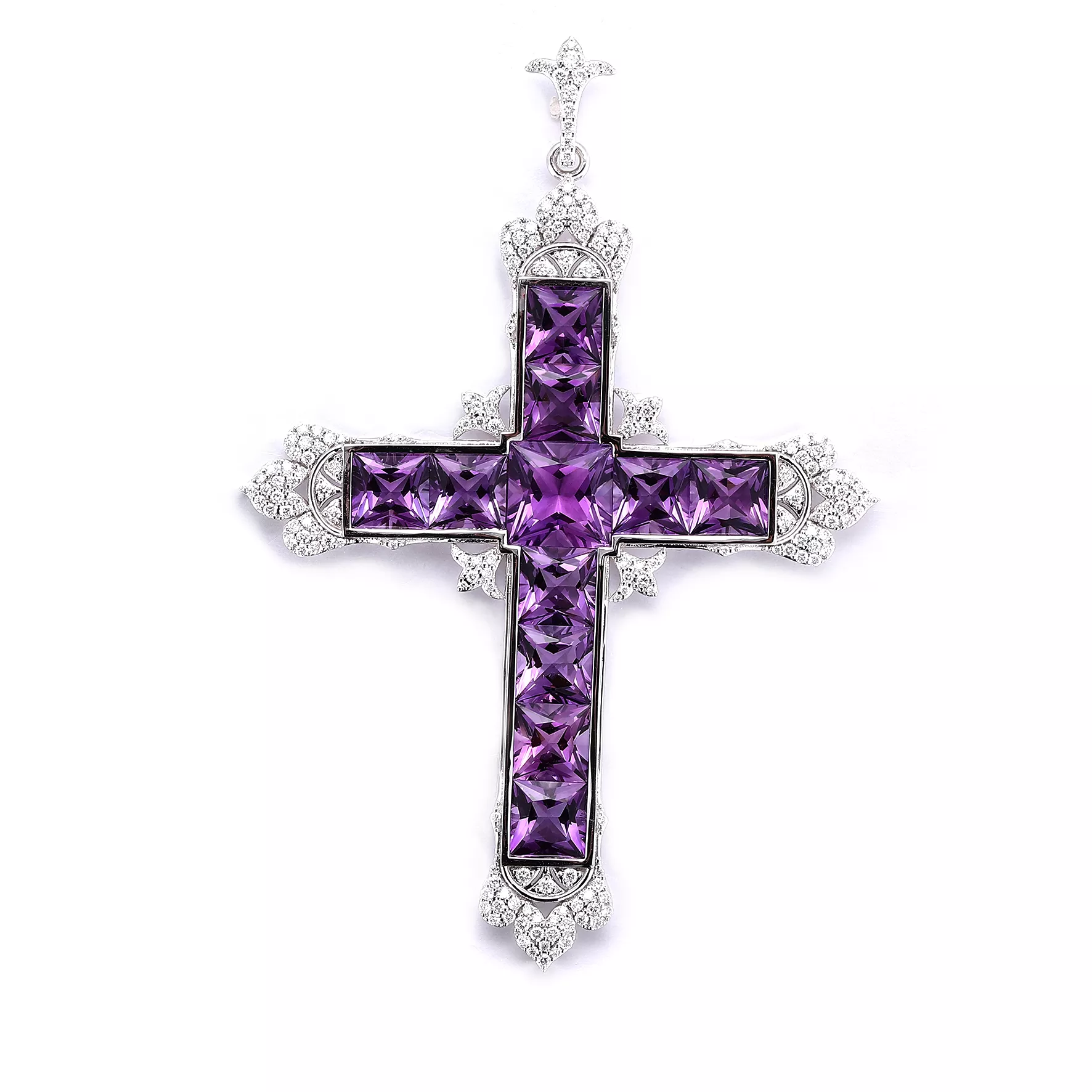 1-12 Ornate Princess Cut Purple Lab Gemstone Cross Pendant with Moissanite Accents(pendant only)) - Image 1