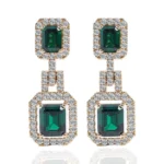 *Magnificent Emerald Cut Zambia Colored Lab Gemstone Yellow Gold Drop Earrings