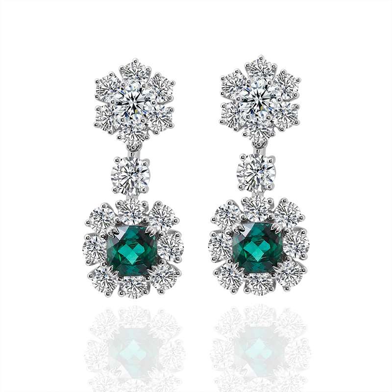 1-13 *Luxurious Floral Cushion Cut Emerald and Moissanite Drop Earrings - Image 1