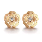 Camellia Bloom Studs | 18K Yellow Gold Camellia Earrings with Round-Cut Diamond Centers(Earring backs not included)