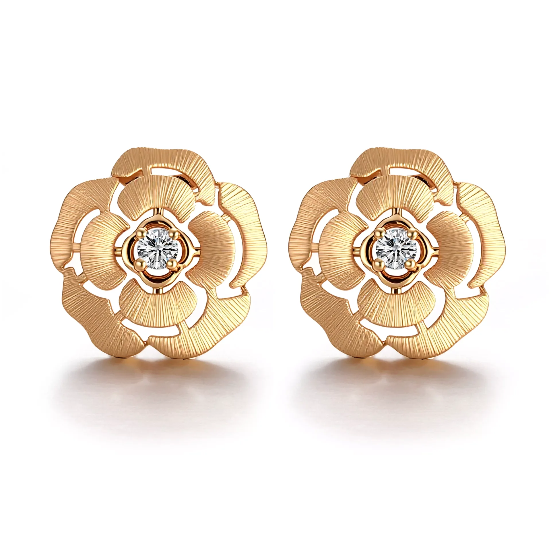 1-22-scaled-1 Camellia Bloom Studs | 18K Yellow Gold Camellia Earrings with Round-Cut Diamond Centers(Earring backs not included) - Image 1