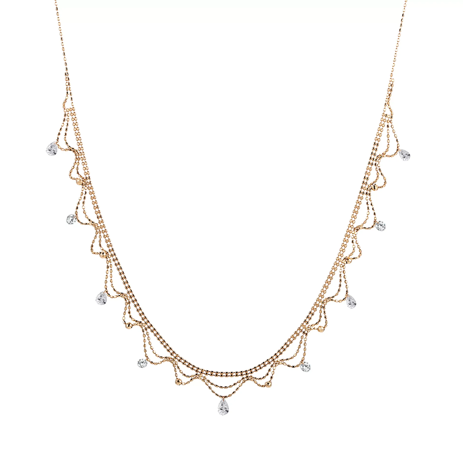 1-24-scaled-2 Lace Diamond Cascade Necklace | 18K Yellow Gold Lace-Inspired Chain with Round-Cut Lab Diamonds - Image 1
