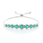 *Hexagonal White Gold Bracelet with Lab Emeralds and Moissanites