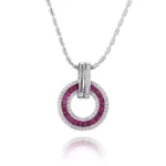 Baguette Ruby and Diamond Double Halo Circle Pendant in 18k White Gold(pendant only)
