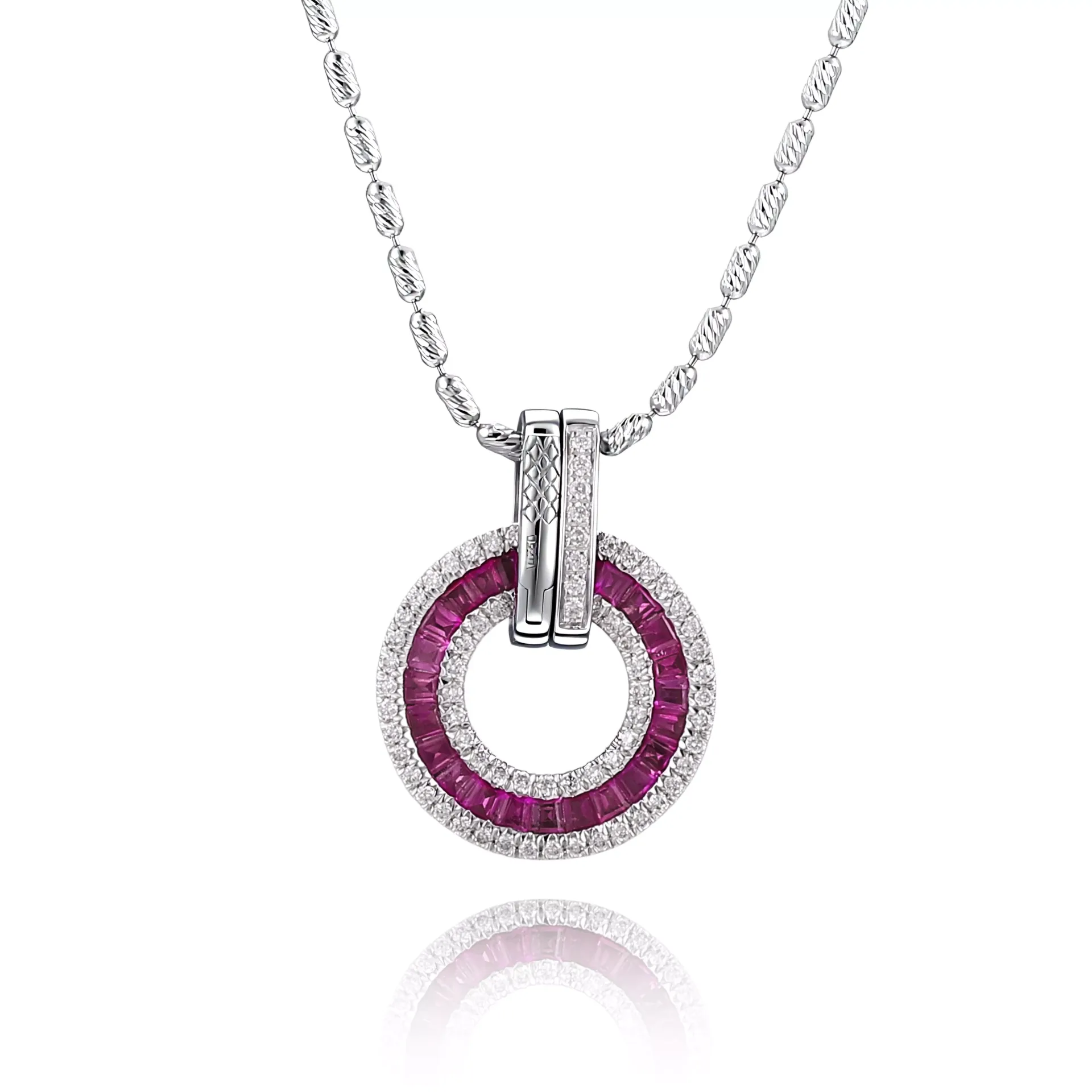 1-25-scaled-1 Baguette Ruby and Diamond Double Halo Circle Pendant in 18k White Gold(pendant only) - Image 1
