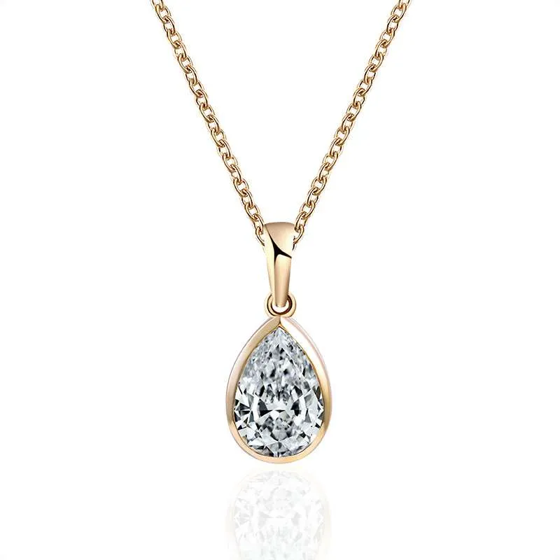1-3-1 *14K Gold Pear Shaped Moissanite Bezel Pendant Necklace - Image 1