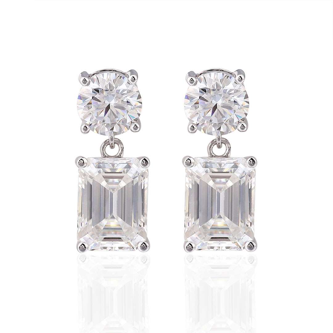 1-36 *Captivating VVS Moissanite Emerald and Round Cut Drop Earrings - Image 1