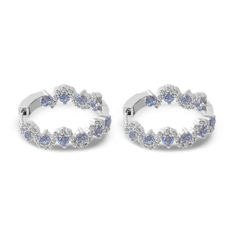 1-48-1 *Gorgeous White Gold Round Cut Blue Lab Gemstone Hoop Earrings - Image 1