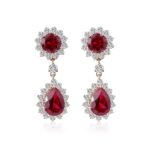 **Stunning Yellow Gold Round and Pear Cut Red Lab Gemstone Drop Earrings