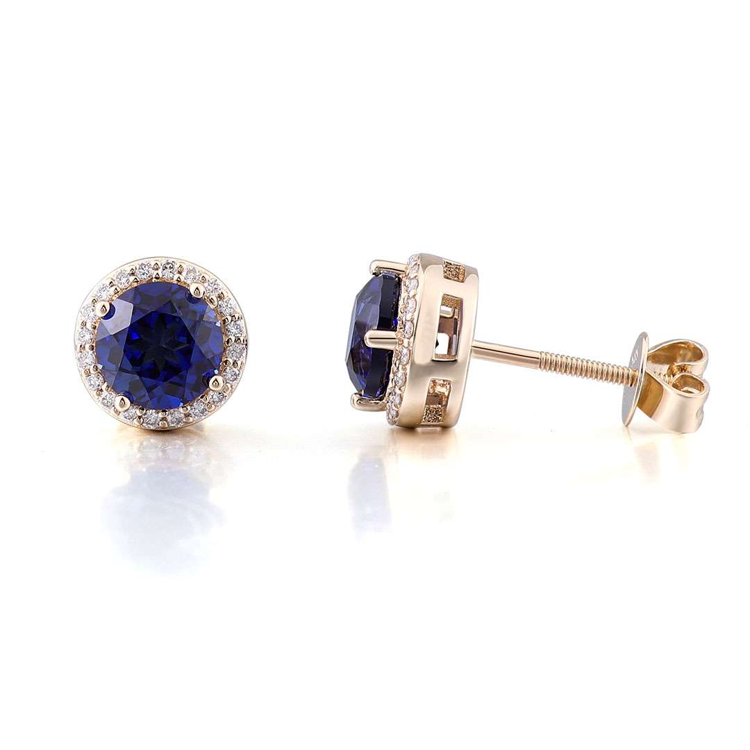 1-52 *Gorgeous Yellow Gold Round Cut Blue Lab Gemstone Stud Earrings - Image 1