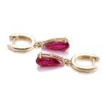 Captivating Yellow Gold Pear Cut Red Lab Gemstone Drop Earrings