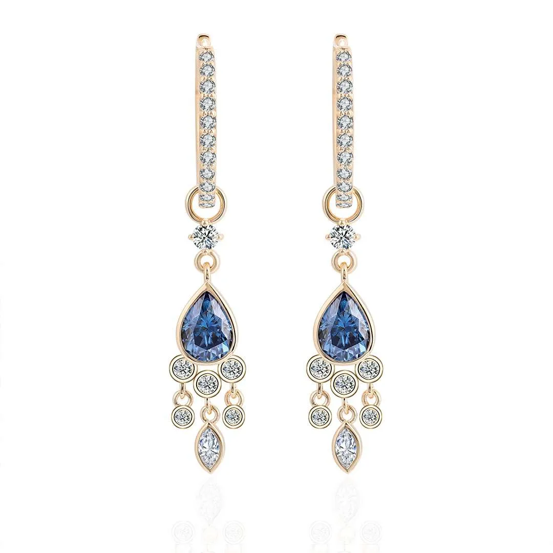 1-55-1 *Dazzling Yellow Gold Pear Cut Blue Lab Gemstone Drop Earrings - Image 1