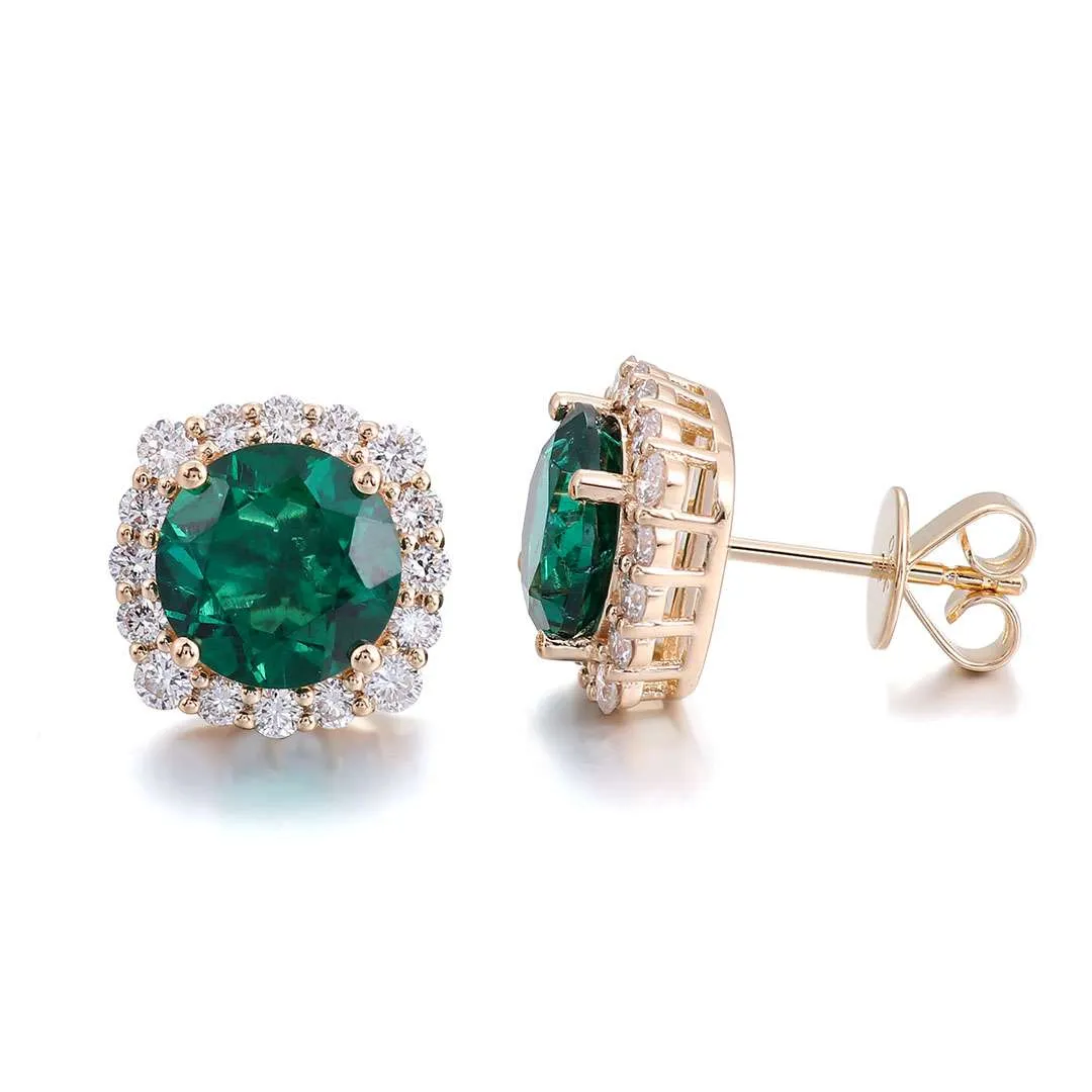 1-56-1 *Gorgeous Yellow Gold Round Cut Green Lab Gemstone Halo Stud Earrings - Image 1