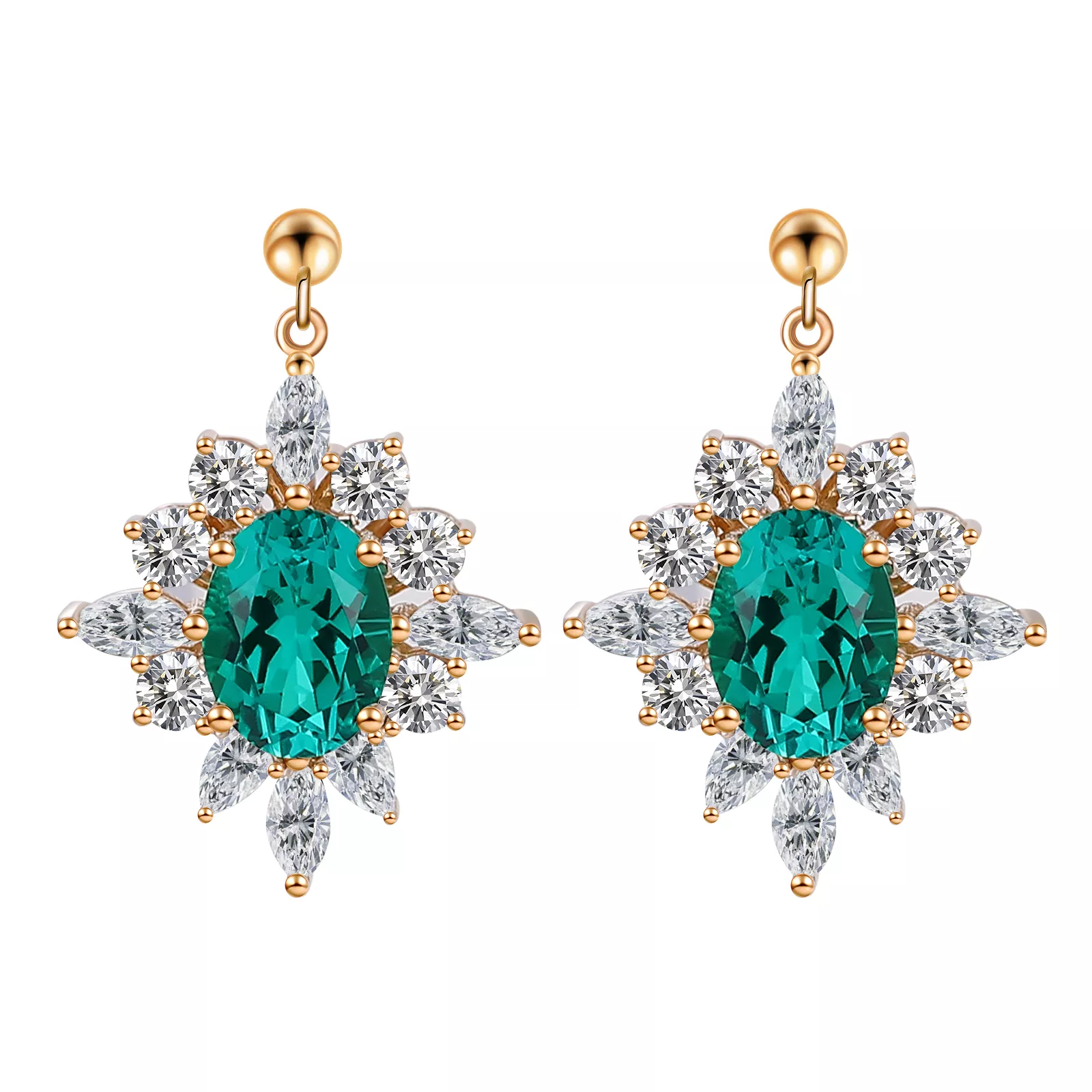 1-59-1 *Vintage Oval Green Lab Gemstone Starburst Halo Drop Earrings - Image 1