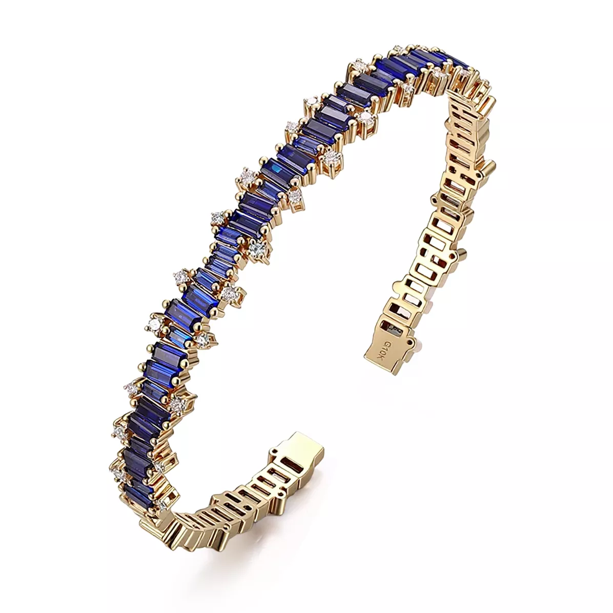 1-6-3 Baguettes Cut Lab Sapphire Bangle Bracelet with Shimmering Round Moissanite Accent - Image 1