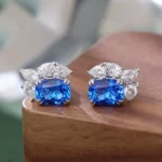 *Asymmetrical Cushion Lab Sapphire and Pear Moissanite Cluster Earrings - Image 3
