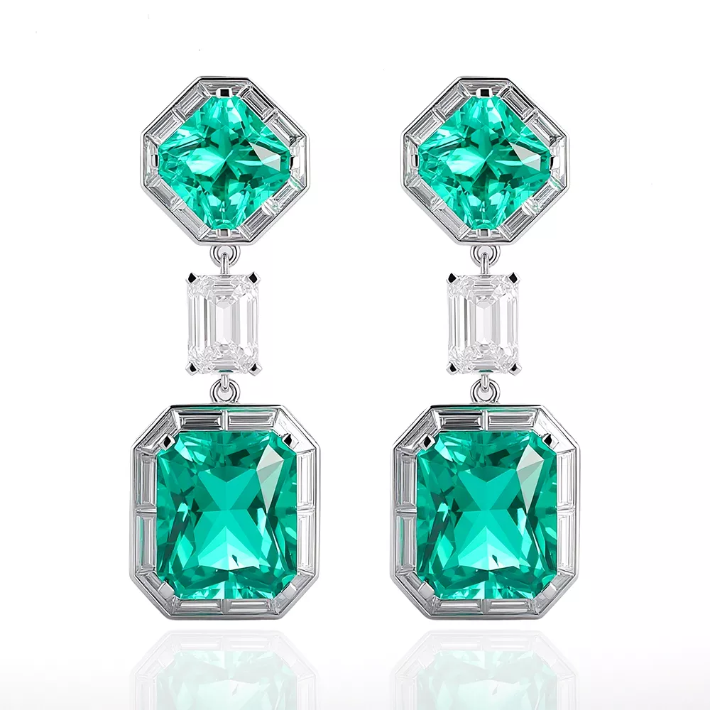1-7 *Art Deco Style Asscher and Emerald Cut Green Lab Gemstone Drop Earrings - Image 1