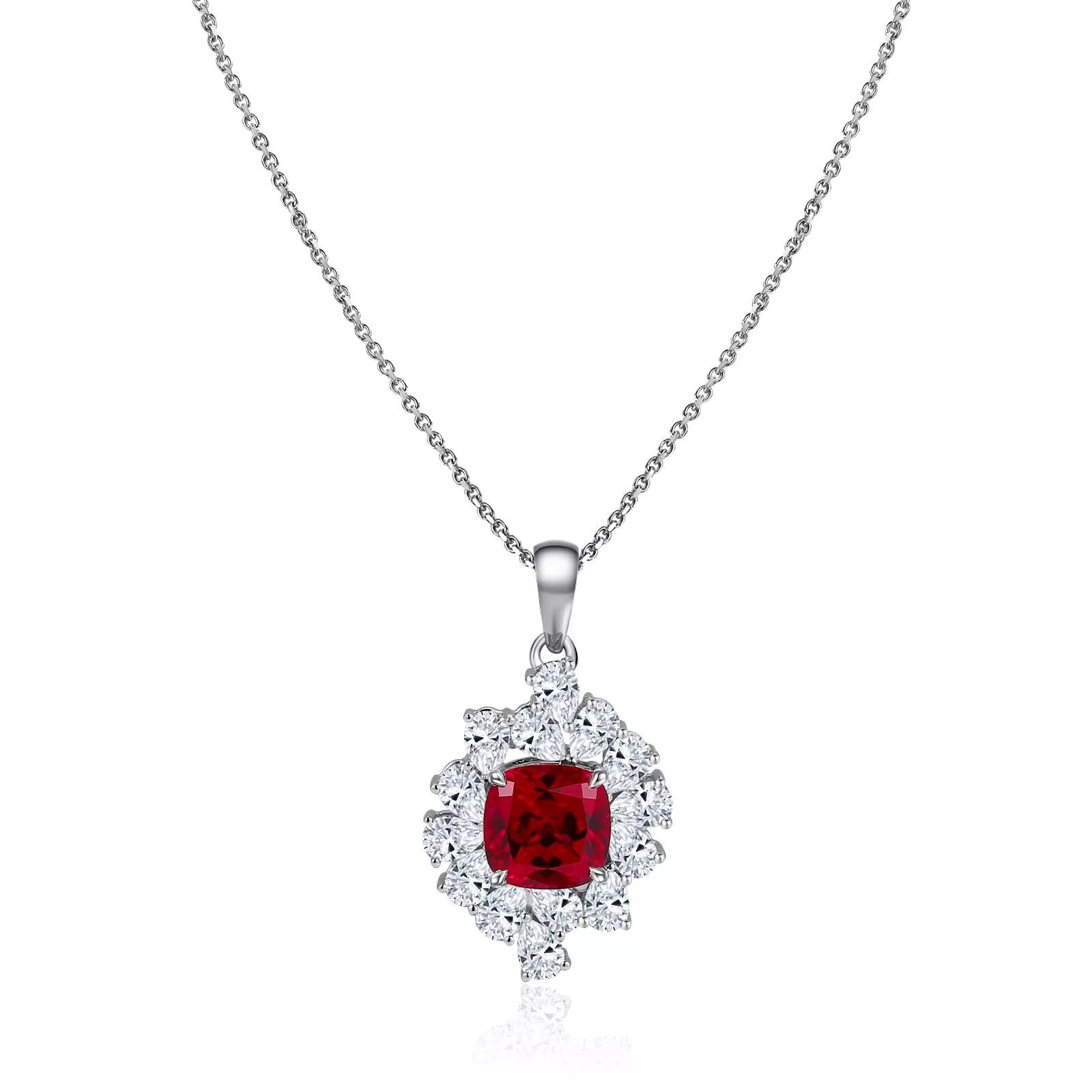 1-8-2 5.5ctw Cushion Cut Lab Ruby Pendant Featuring A Cluster Of Pear Cut Moissanite (pendant only) - Image 1